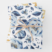 Papier à enveloppement à fleurs bleu et or (En situation)