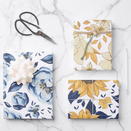 Papier à enveloppement à fleurs bleu et or (Recto)