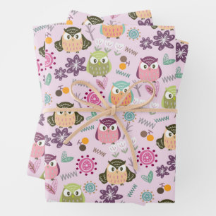 Papier à enveloppement rose hibou