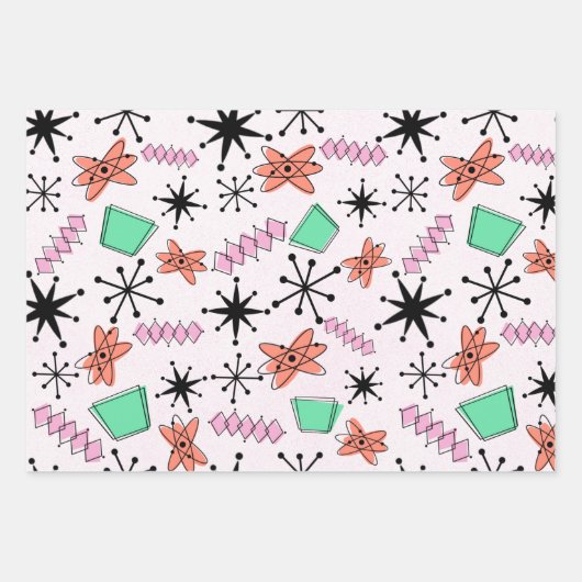 Papier à enveloppement vert rose orange rétro atom (Devant 3)