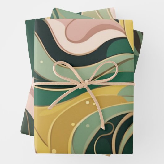 Papier à envelopper abstrait rose vert Sage 3 feui (En situation)