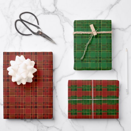 Papier à envelopper rouge vert Noël Plaid Set de 3 (Recto)