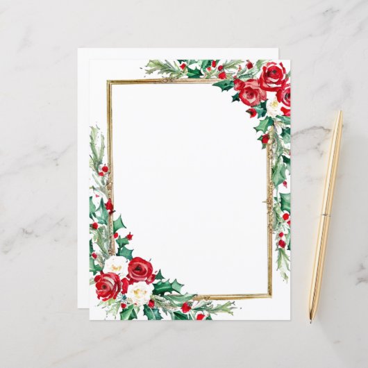 Papier à lettres de Noël Holly et rose (Devant/Arrière en situation)