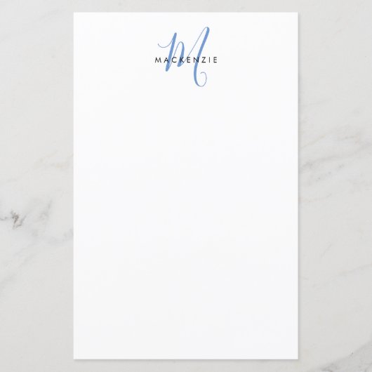 Papier à monogramme élégant moderne blanc bleu scr (Devant)