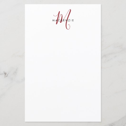Papier à monogramme élégant moderne blanc rouge sc (Devant)