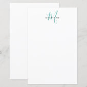 Papier à monogramme élégant moderne blanc sarcelle (Devant / Derrière)
