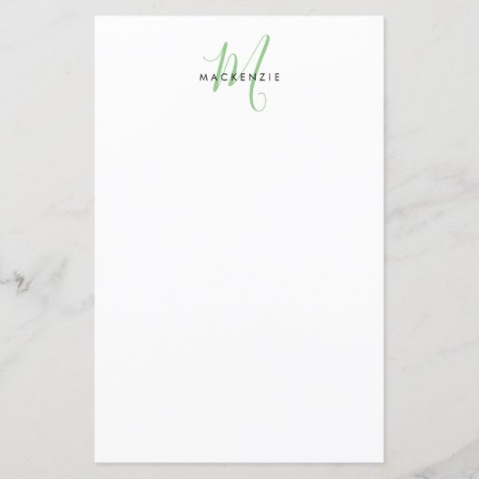 Papier à monogramme élégant moderne blanc vert écr (Devant)