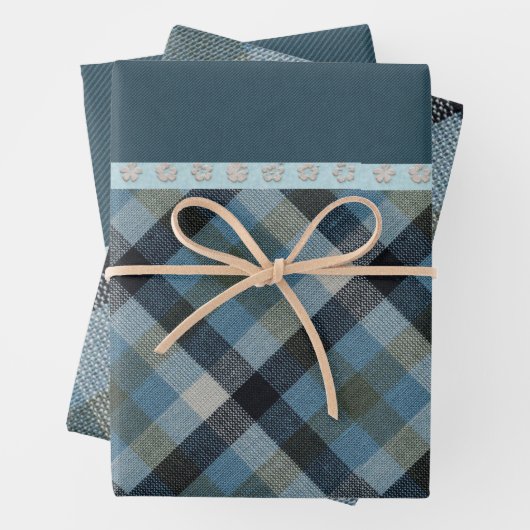 Papier à papier à envelopper bleu Tartan Plat Set  (En situation)