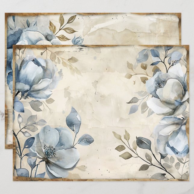 Papier à rebut Vintage Floral Bleu (Devant / Derrière)