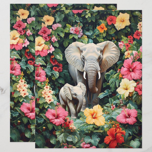 Papier à scandale Eléphant et Calf Hibiscus Fleurs (Devant / Derrière)
