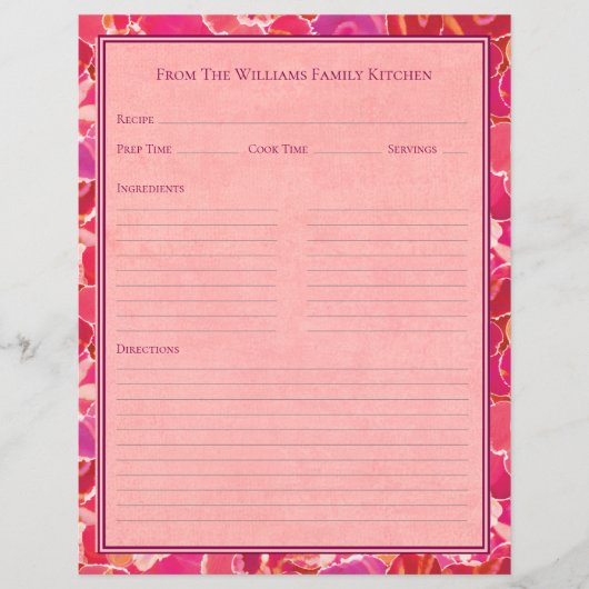 Papier Abstract Watercolor Red Pink Recipe Paper Sheet (Devant)