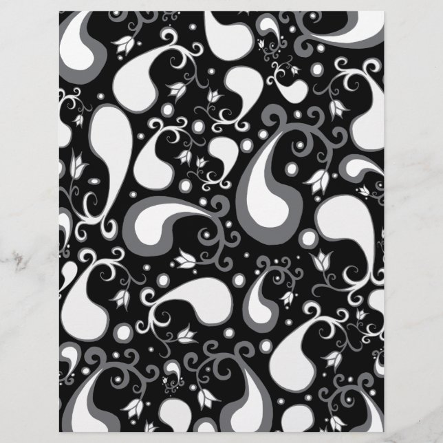 Papier Abstrait noir et blanc Tulip Paisley Floral (Devant)