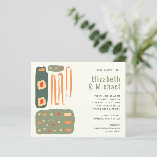 Papier Abstrait Olive Green Orange Wedding Invite (Debout devant)