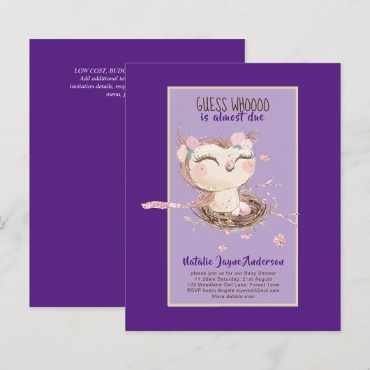 Papier Adorable OWL Baby shower Filles ou garçons Invitat (Devant / Derrière)