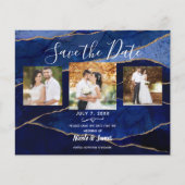 Papier Agate Bleue et Or Moderne Enregistrer la Date de M (Devant)