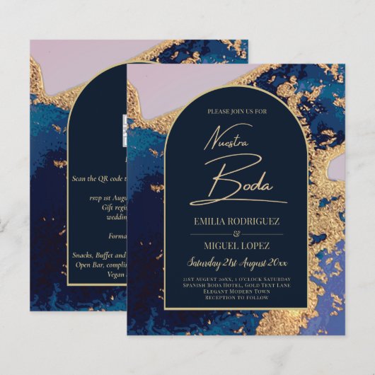Papier Agate Blue Gold Nuestra Boda Mariage espagnol Leah (Devant / Derrière)