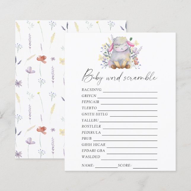 Papier Agneau - Jeu de mots mélés pour baby shower (Devant / Derrière)