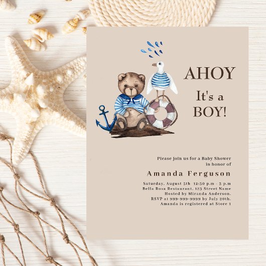 Papier Ahoy boy teddy marin Baby shower beige invitation