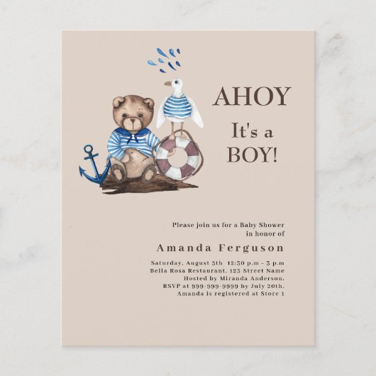 Papier Ahoy boy teddy marin Baby shower beige invitation (Devant)