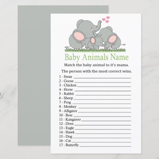 Papier Aimer Eléphants Bébé Animaux Nom Jeu (Devant / Derrière)