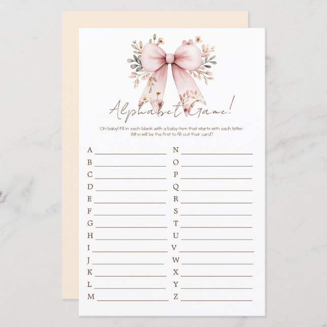 Papier Alphabet Baby shower de fille rose florale (Devant / Derrière)