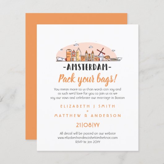 Papier AMSTERDAM Mariage dessiné Skyline Invitation moder (Devant / Derrière)