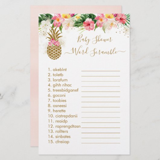 Papier Ananas Floral Baby shower Mot Scramble Jeu (Devant / Derrière)