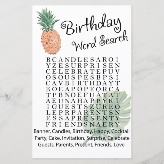Papier ananas jeu de recherche de mots pour l'anniversair (Devant)