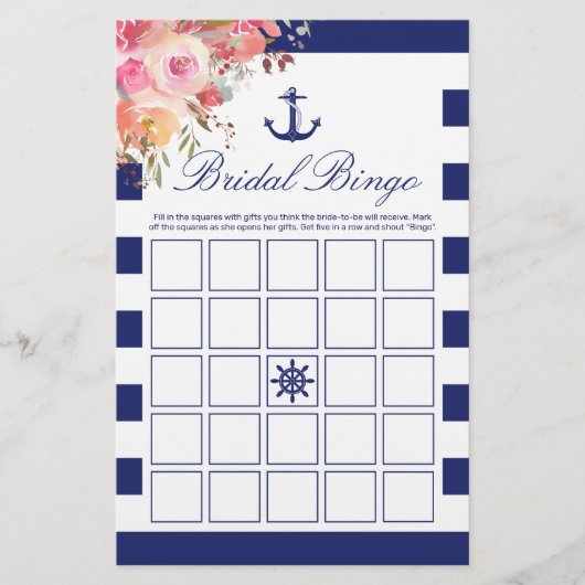 Papier Ancre Bleue Nautique Floral Bridal Jeu de Bingo (Devant)