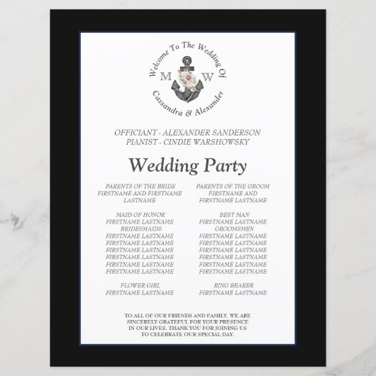 Papier Ancre florale Mariage nautique Black White Program (Dos)