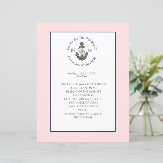 Papier Ancre florale Mariage nautique bleu marine rose (Debout devant)