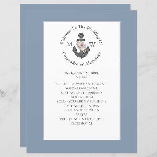 Papier Ancre florale Mariage nautique Dusty Blue Programm (Devant / Derrière)