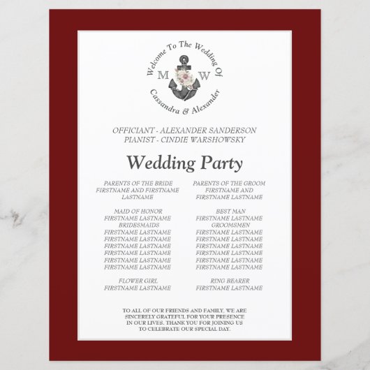 Papier Ancre florale Mariage nautique Maroon Red Programm (Dos)