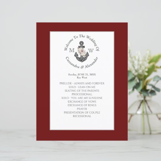 Papier Ancre florale Mariage nautique Maroon Red Programm (Debout devant)