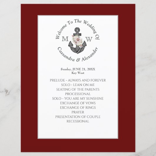 Papier Ancre florale Mariage nautique Maroon Red Programm (Devant)