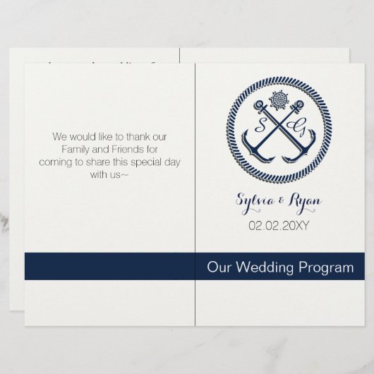 Papier Ancre Monogrammes, mariage nautique bifold program (Devant / Derrière)
