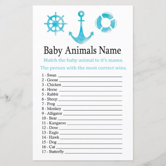 Papier Ancre nautique Bébé Animaux Nom Jeu (Devant)
