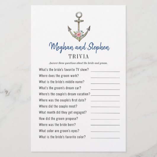Papier Ancre nautique Couple's Shower Trivia jeux (Devant)
