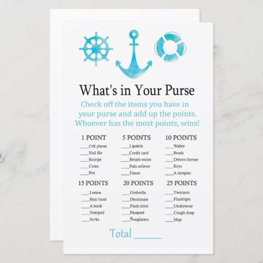 Papier Ancre nautique Qu'y a-t-il dans votre sac à main (Devant / Derrière)