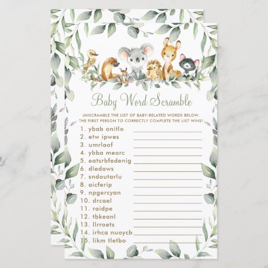 Papier Animaux australiens Verdure Baby Word Scrambule (Devant / Derrière)
