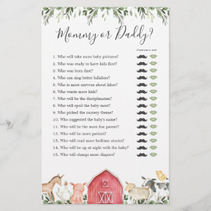 Papier Animaux de ferme Baby shower maman ou papa jeu
