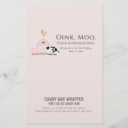 Papier Animaux de ferme rose Anniversaire Barre de bonbon (Devant)