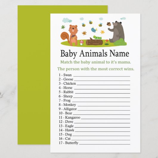 Papier Animaux de forêt Bébé Animaux Nom Jeu (Devant / Derrière)