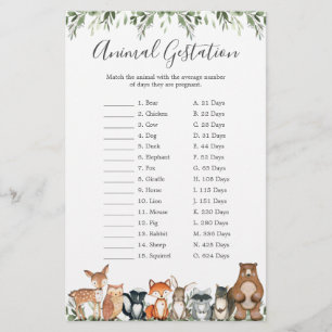 Papier Animaux des bois Baby shower Animal Gestation jeu