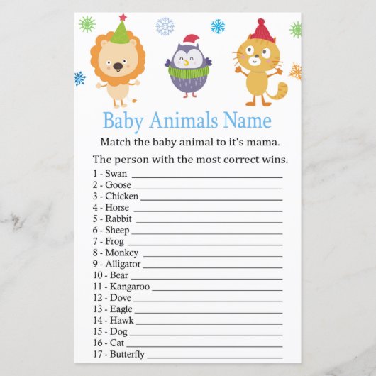 Papier Animaux d'hiver Bébé Animaux Nom baby shower de je (Devant)
