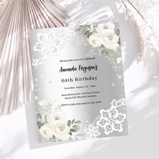 Papier Anniversaire argent blanc floraux diamants invitat