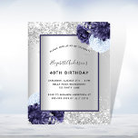 Papier Anniversaire argent marine bleu floral invitation<br><div class="desc">Arrière - plan à l'aspect argent faux décoré de fleurs bleu marine et bleu clair et parties scintillant faux argent,  scintille. Personnalisez et ajoutez votre nom et les détails de votre fête. Lettres noires.</div>