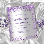 Papier Anniversaire argent violet violet invitation budge<br><div class="desc">Une invitation à la fête d'anniversaire de 21e anniversaire, féminine et féminine (ou tout âge). Devant : Un arrière - plan à la mode faux argent. Décoré de parties scintillant violet foncé et violet, pétillant. Personnalisez et ajoutez un nom, des détails du parti. Le nom est écrit avec un script...</div>