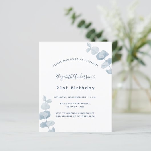 Papier Anniversaire blanc bleu eucalyptus invitation budg (Debout devant)