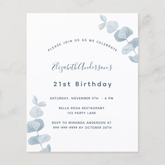 Papier Anniversaire blanc bleu eucalyptus invitation budg (Devant)